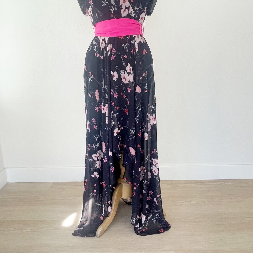 Eliza J Hi-Low Faux Wrap Belted Floral Navy Pink Maxi Dress | 2 - Picture 6 of 13